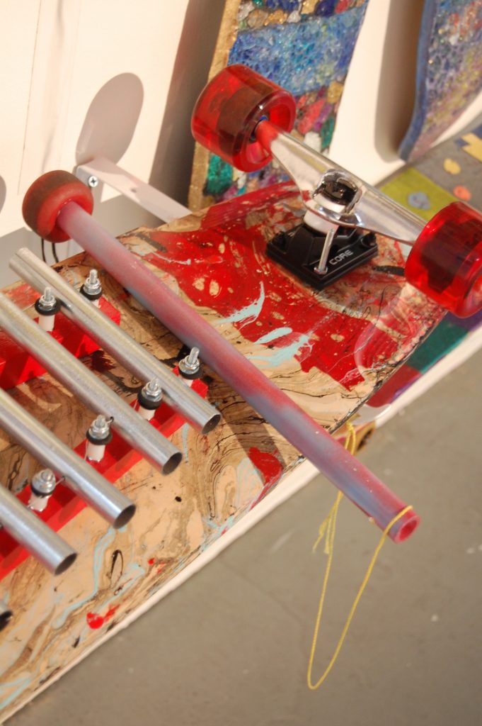 Installation of skateboard art and musical instruments by the Cypress Schooling Petaluma