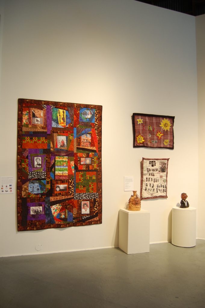 Quilt celebrating women of color with disabilities by Corbett OToole and "I have a Dream" quilts and ceramics by Raven Harper, from NIAD