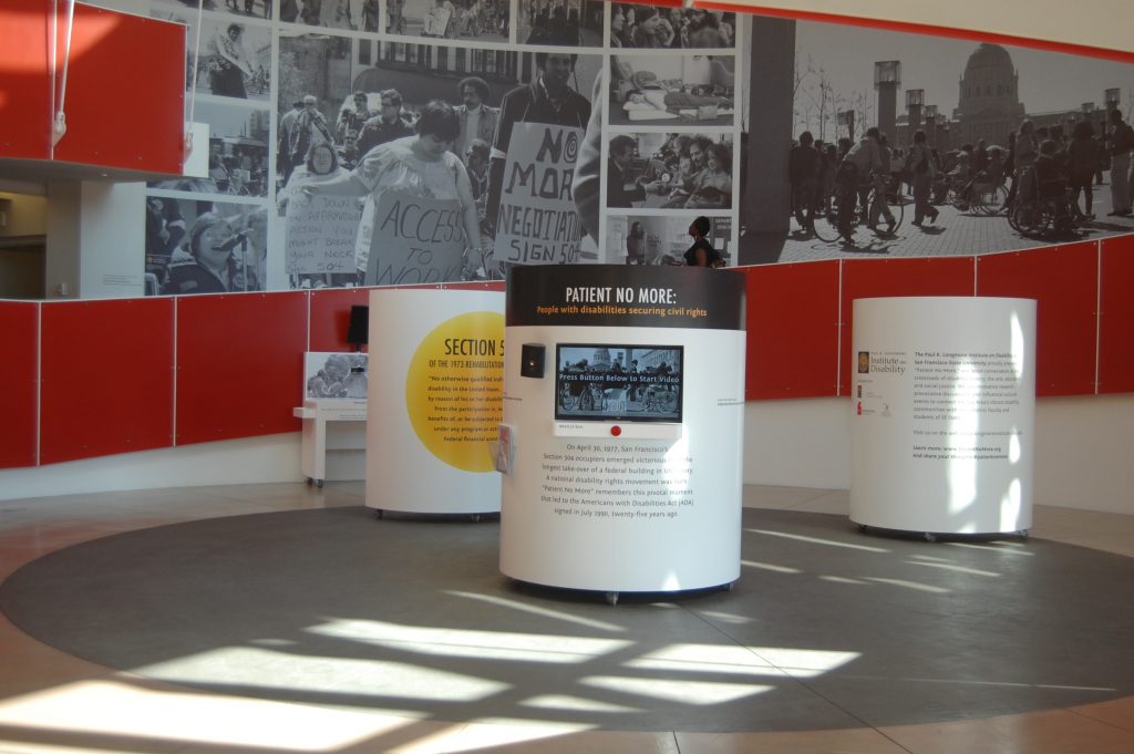 Intro stations in the Rotunda at the Ed Roberts Campus features a short captioned video