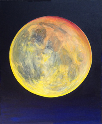 Image: a dark square background has a circle that resembles the moon with a golden hue, suggesting 