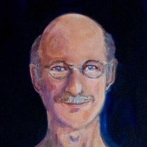 Detail of head from full-length portrait of one-armed artist. He is smiling, and is white, balding with some grey hair and wearing round wire-rimmed glasses