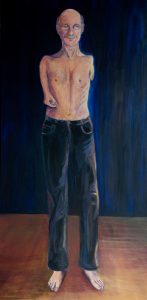 A full length portrait of slim, white man Bill Bruckner in acrylic paint. He is smiling and balding, looking straight at the viewer and wears jeans and is bare-chested with a single, short arm.