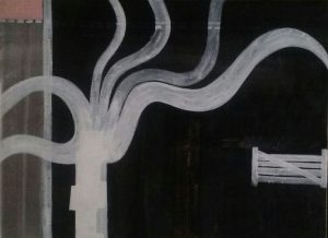 Black background with a white gate symbol to the right and a white shape that resembles a squid to the left. A pink rectangle sits at the very top left corner. The image is 12 x 16 inches